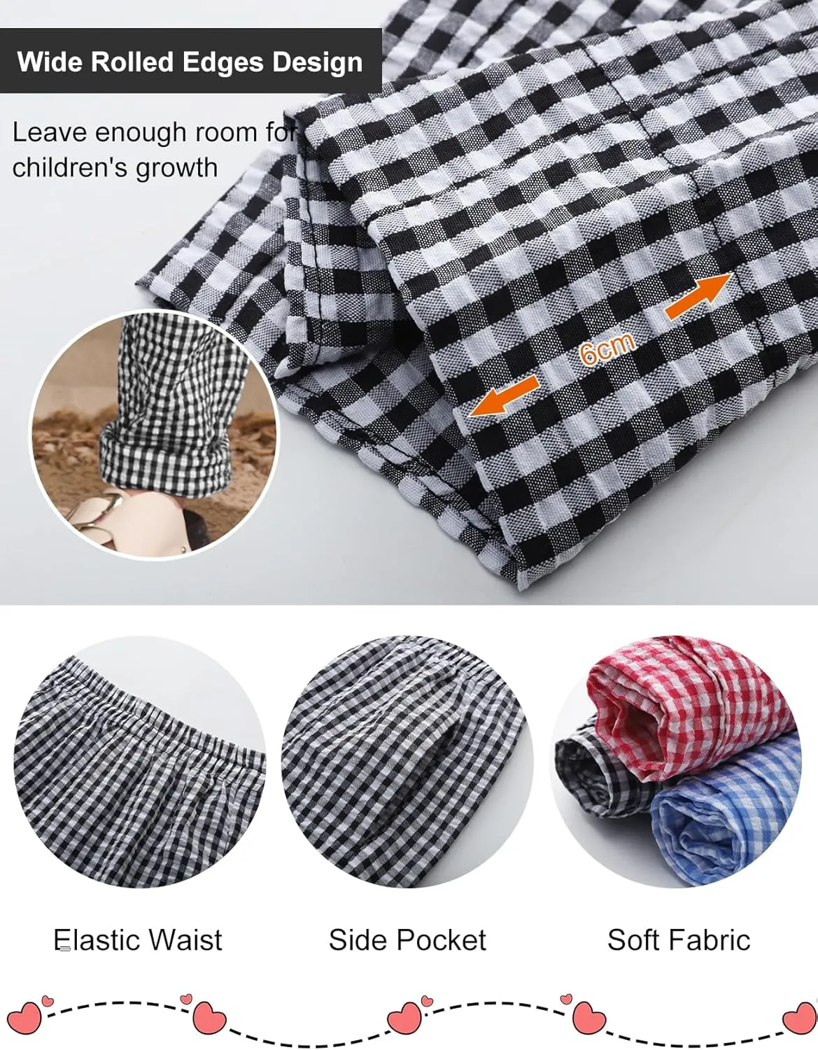 Flygo Girls Plaid Wide Leg Pants Gingham Elastic Waist Trousers Cute Print Bottoms with Slant Pockets