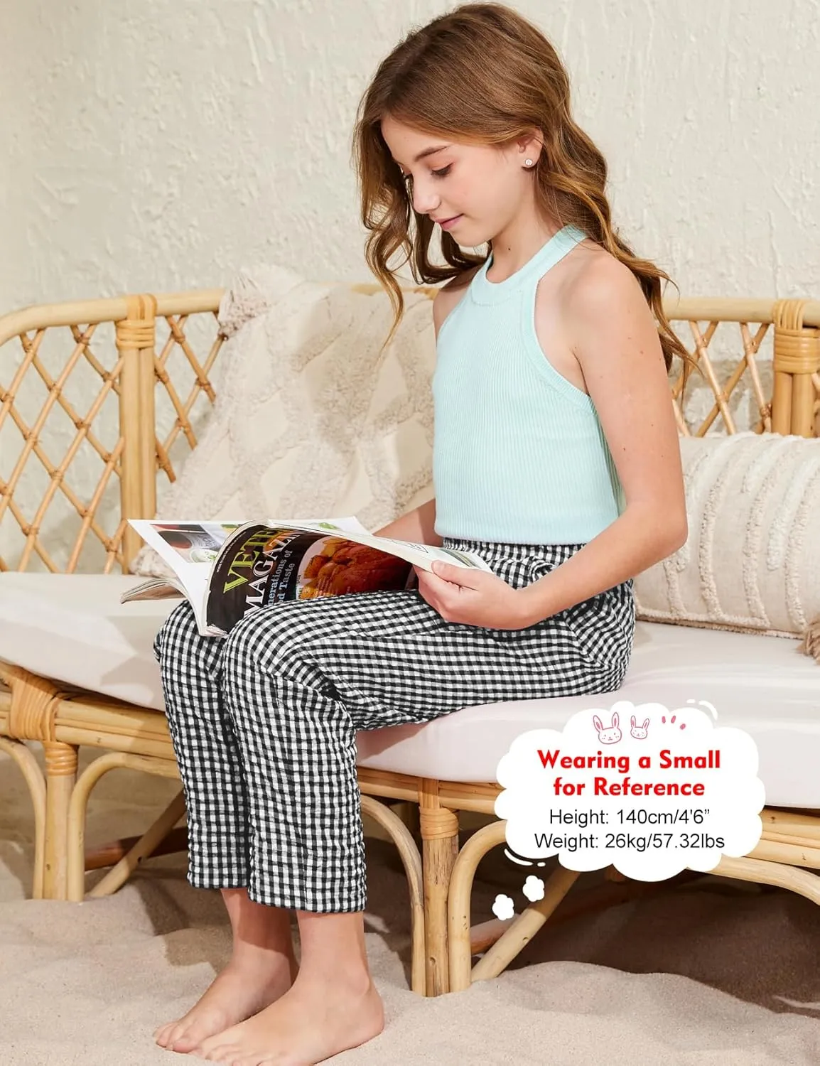 Flygo Girls Plaid Wide Leg Pants Gingham Elastic Waist Trousers Cute Print Bottoms with Slant Pockets