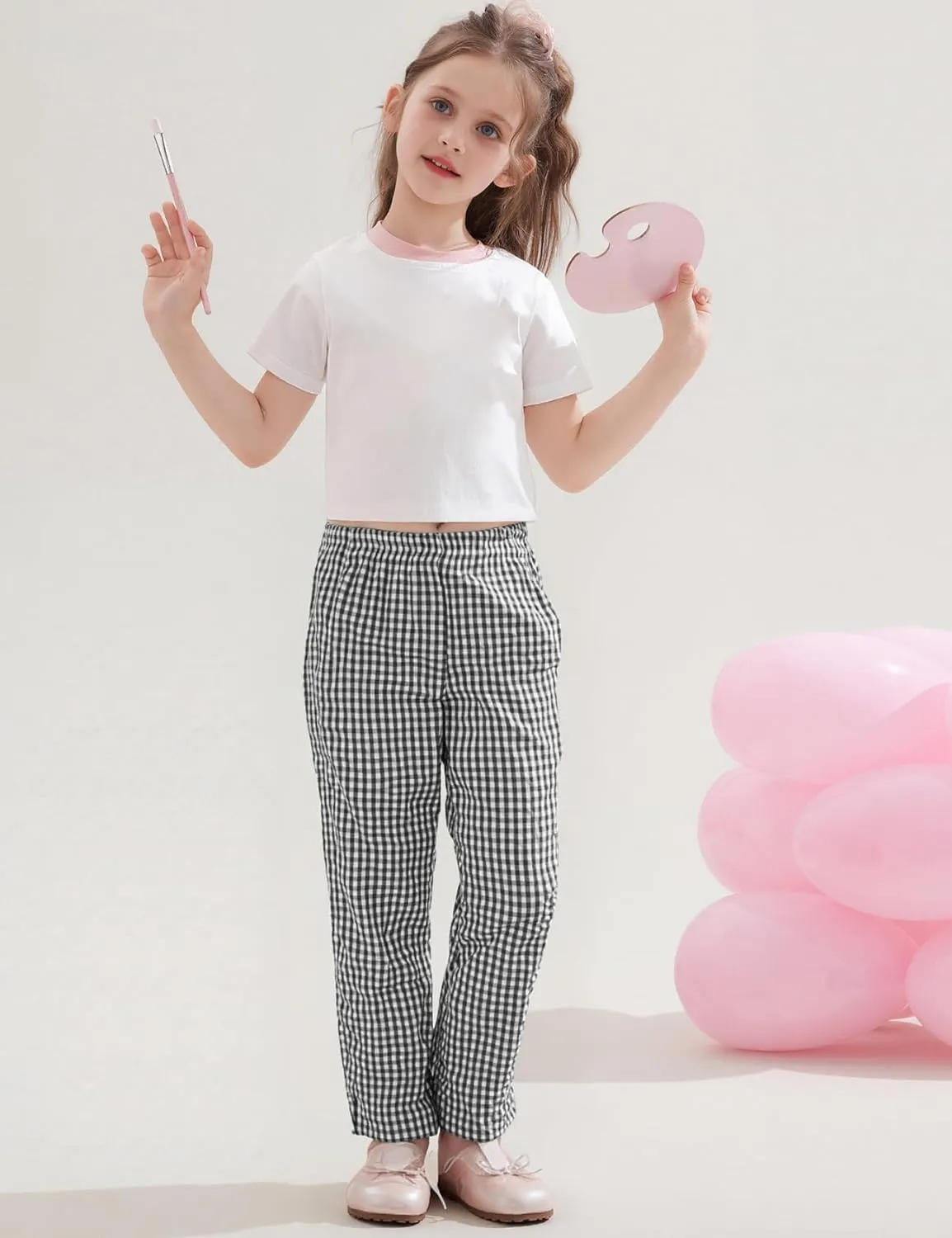 Flygo Girls Plaid Wide Leg Pants Gingham Elastic Waist Trousers Cute Print Bottoms with Slant Pockets