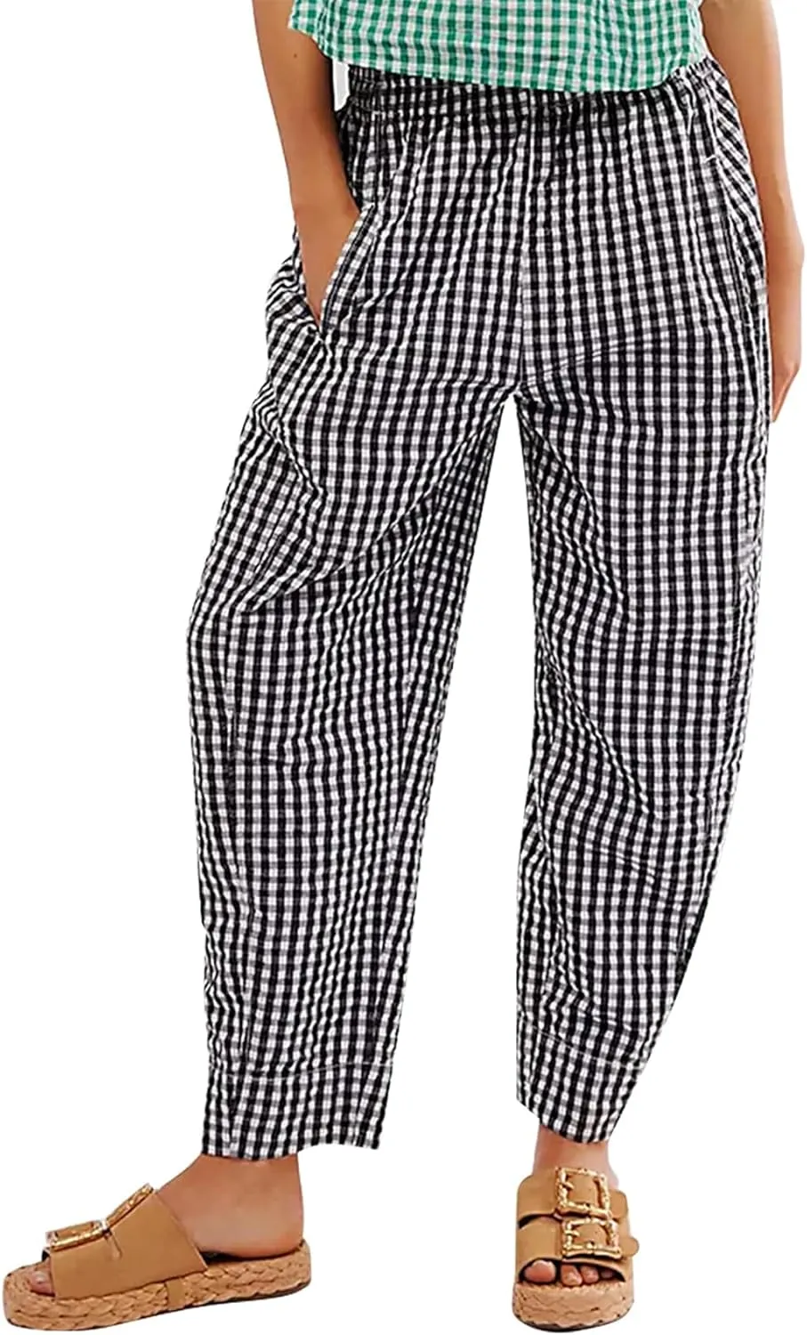 Flygo Girls Plaid Wide Leg Pants Gingham Elastic Waist Trousers Cute Print Bottoms with Slant Pockets