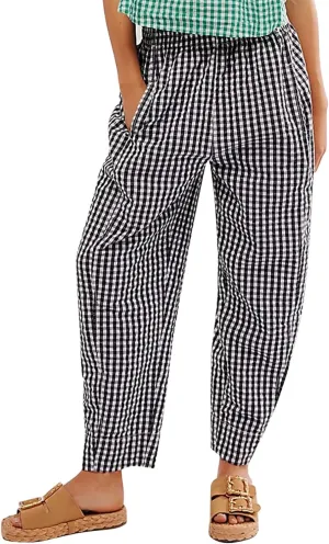 Flygo Girls Plaid Wide Leg Pants Gingham Elastic Waist Trousers Cute Print Bottoms with Slant Pockets