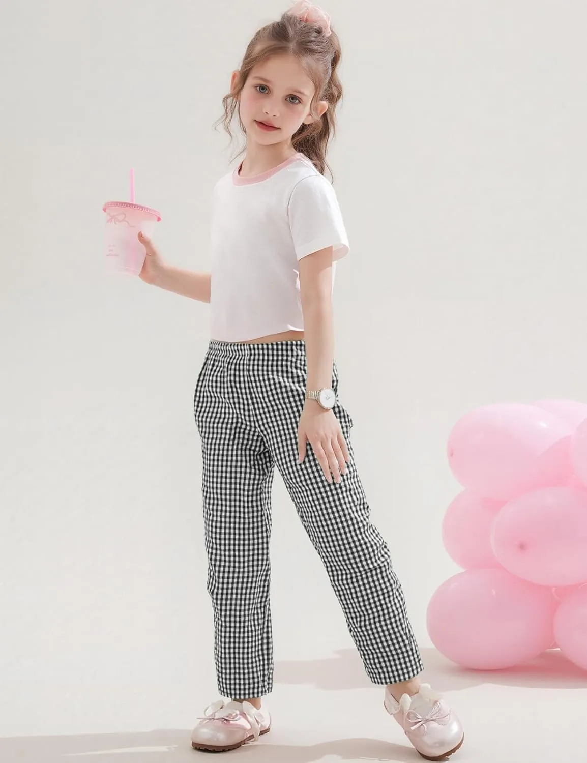 Flygo Girls Plaid Wide Leg Pants Gingham Elastic Waist Trousers Cute Print Bottoms with Slant Pockets