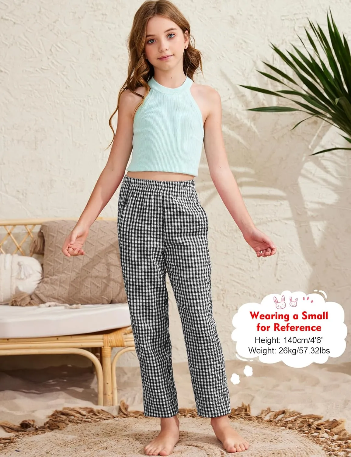 Flygo Girls Plaid Wide Leg Pants Gingham Elastic Waist Trousers Cute Print Bottoms with Slant Pockets