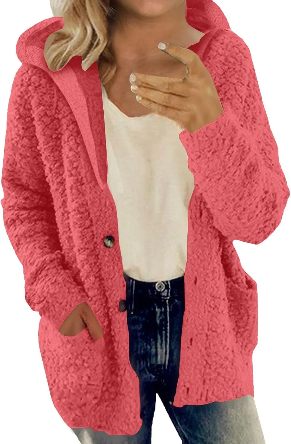 Fuzzy Fleece Jacket Hoodies for Women Winter Long Sleeve Hoodie Coat Fall Jackets Plus Size Button Plush Cardigan