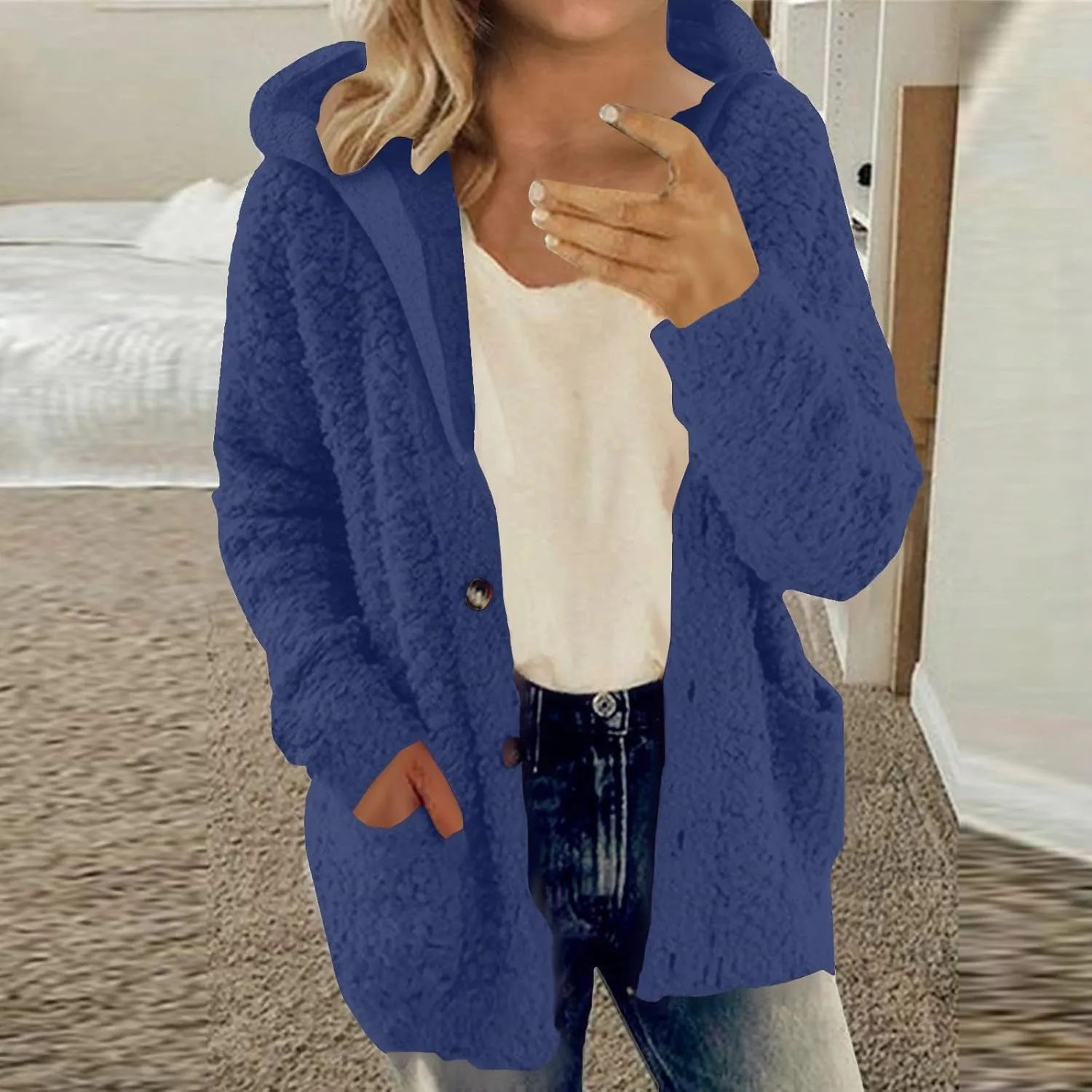 Fuzzy Fleece Jacket Hoodies for Women Winter Long Sleeve Hoodie Coat Fall Jackets Plus Size Button Plush Cardigan