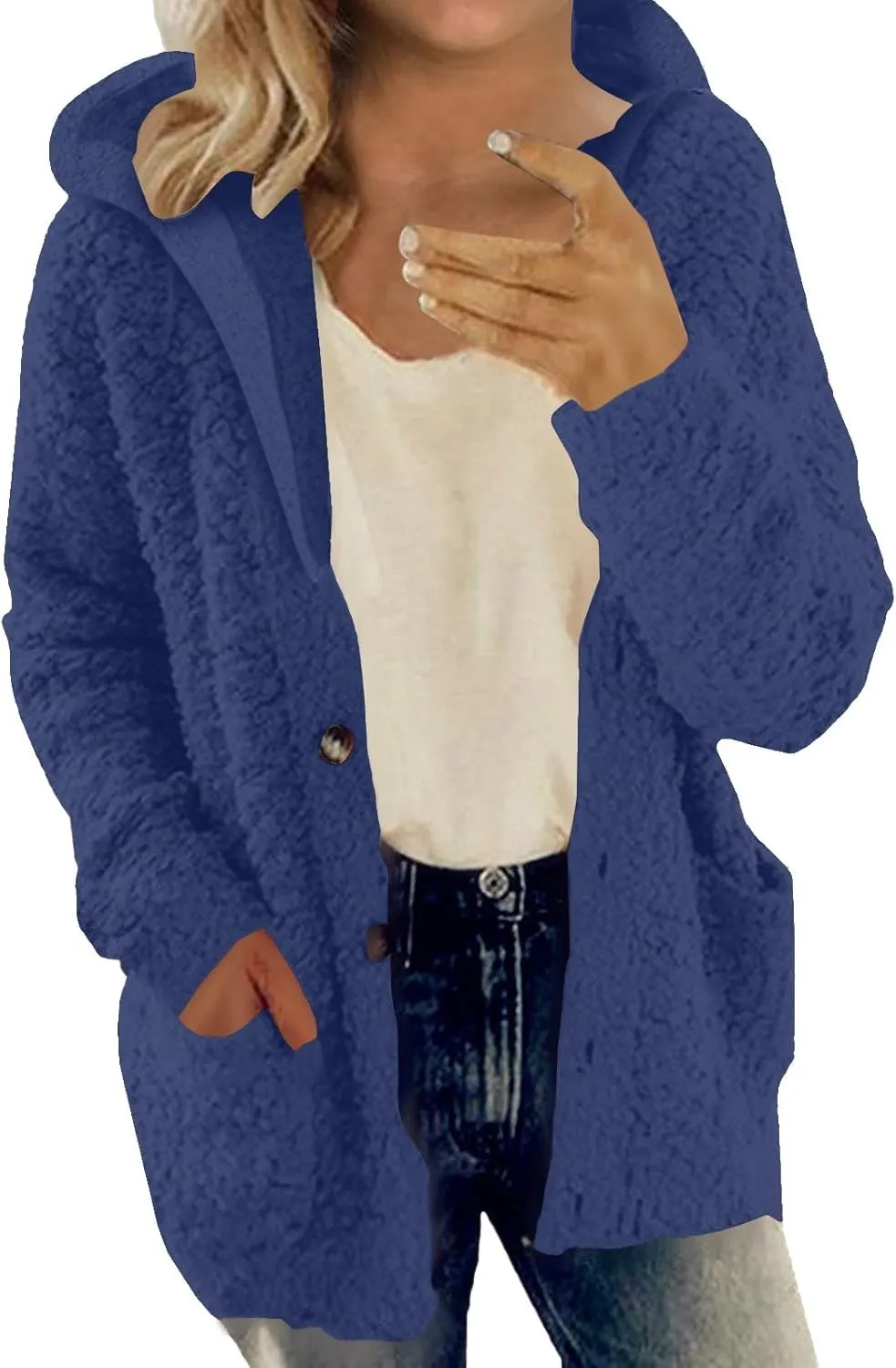 Fuzzy Fleece Jacket Hoodies for Women Winter Long Sleeve Hoodie Coat Fall Jackets Plus Size Button Plush Cardigan