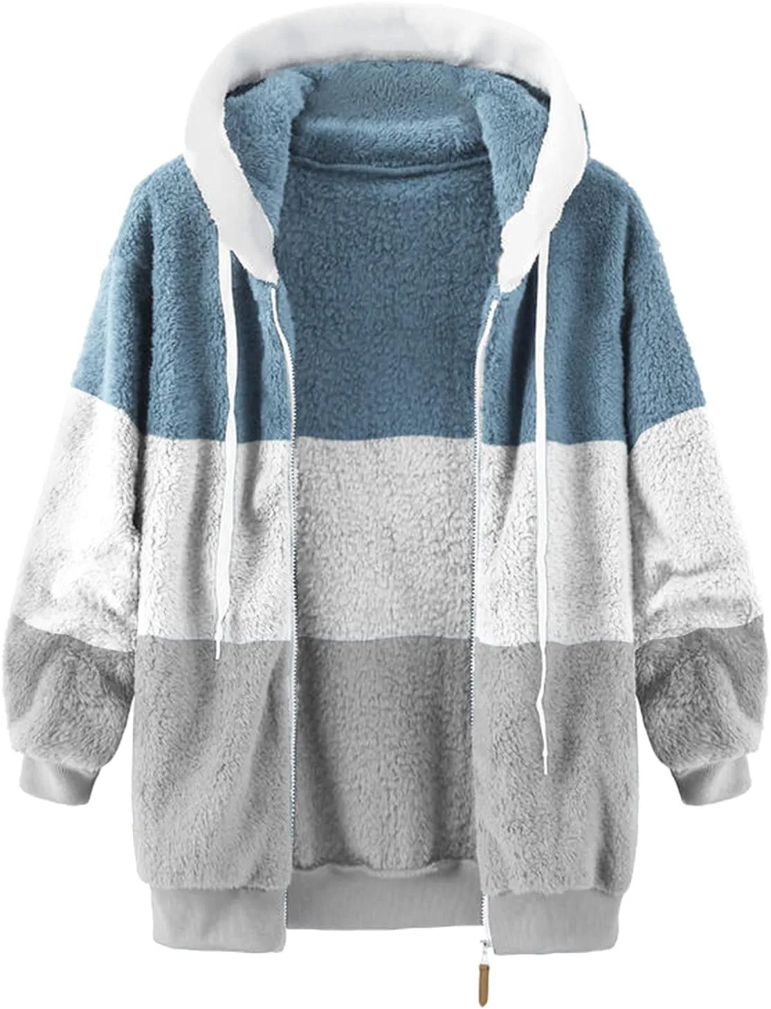 Fuzzy Hooded Jacket Plus Size Warm Trendy Color Block Winter Drawstring Hoodie Snow Coat Shearling Outwear Shaggy