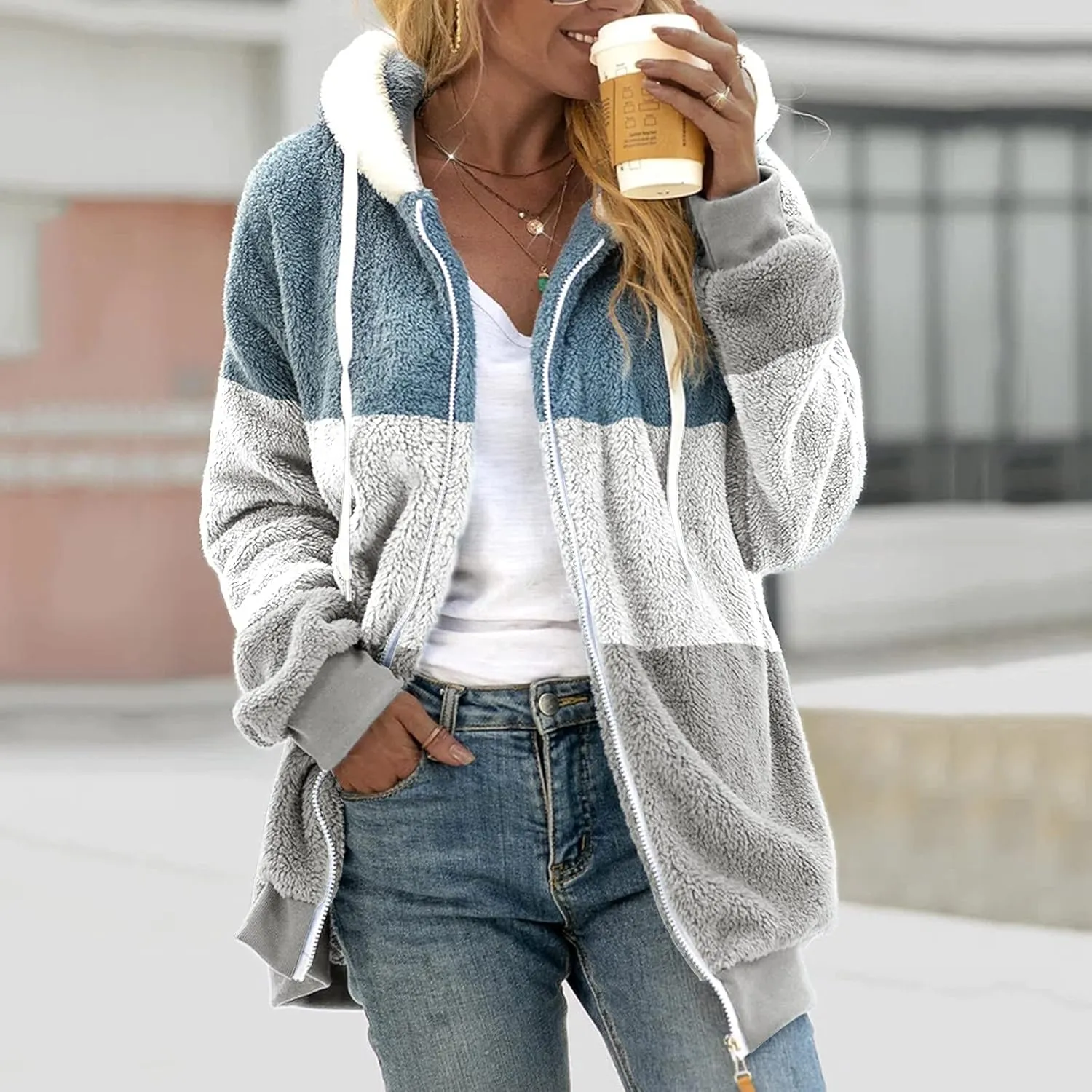 Fuzzy Hooded Jacket Plus Size Warm Trendy Color Block Winter Drawstring Hoodie Snow Coat Shearling Outwear Shaggy