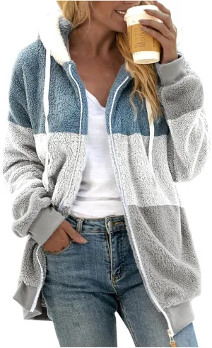 Fuzzy Hooded Jacket Plus Size Warm Trendy Color Block Winter Drawstring Hoodie Snow Coat Shearling Outwear Shaggy