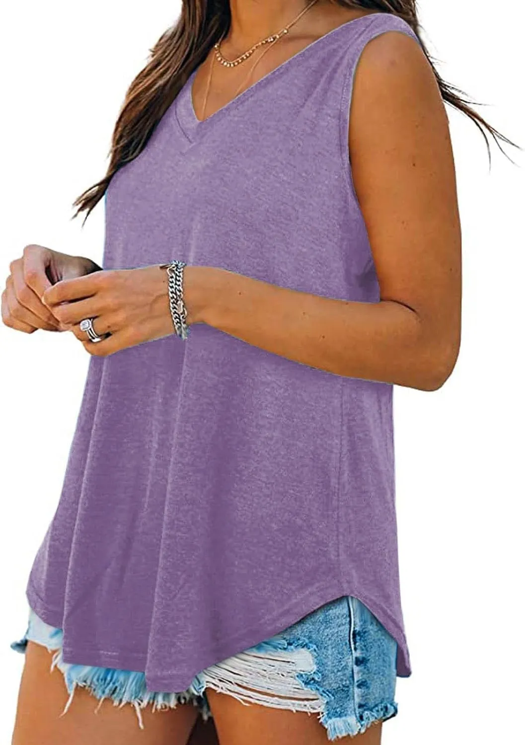 Generic Tank Tops for Women 2024 Summer V Neck Sleeveless Basic Tanks Loose Fit Flowy Shirts Casual Vacation Beach Blouses