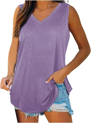 Generic Tank Tops for Women 2024 Summer V Neck Sleeveless Basic Tanks Loose Fit Flowy Shirts Casual Vacation Beach Blouses