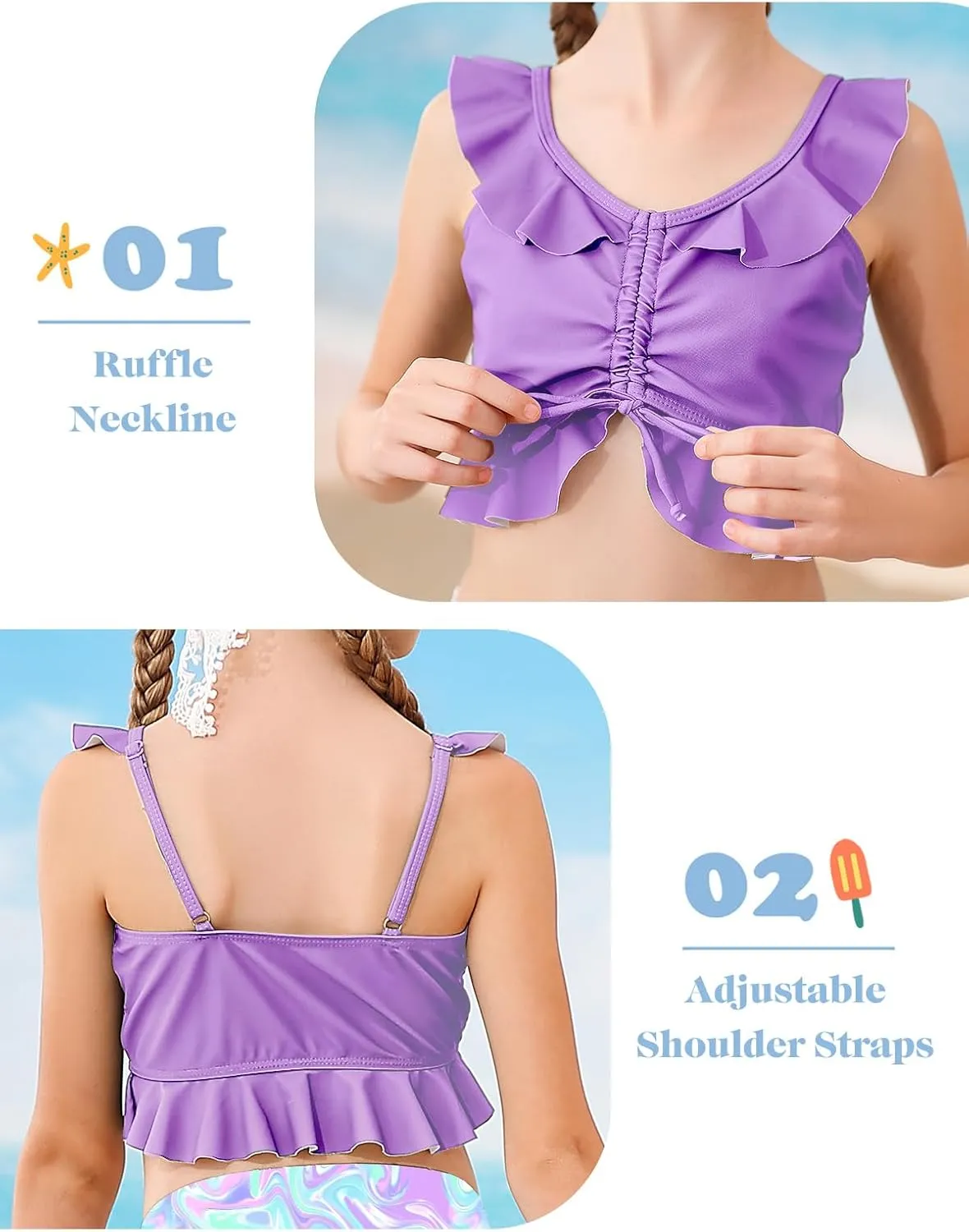 Girls Swimsuit Bikini Set with Shorts Bathing Suit Adjustable Strap Ruffle Drawstring 3 Piece Beach Swimwear Size 7-12