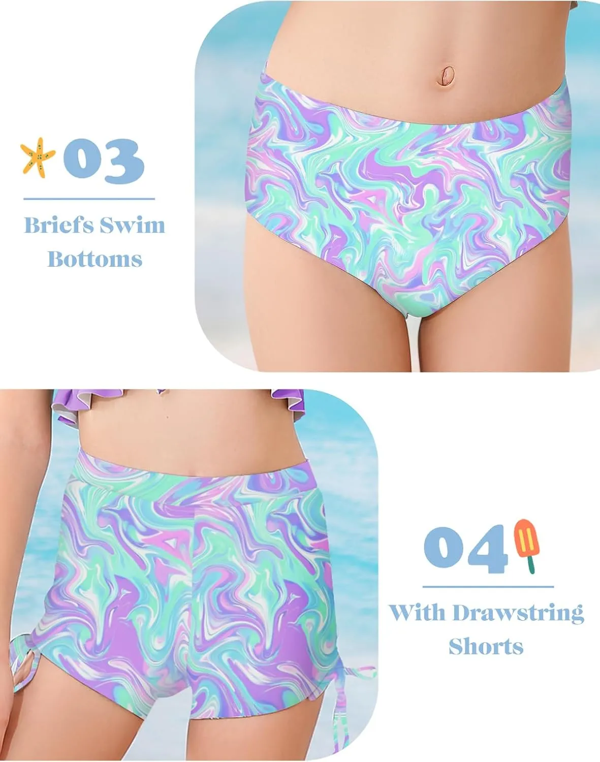 Girls Swimsuit Bikini Set with Shorts Bathing Suit Adjustable Strap Ruffle Drawstring 3 Piece Beach Swimwear Size 7-12
