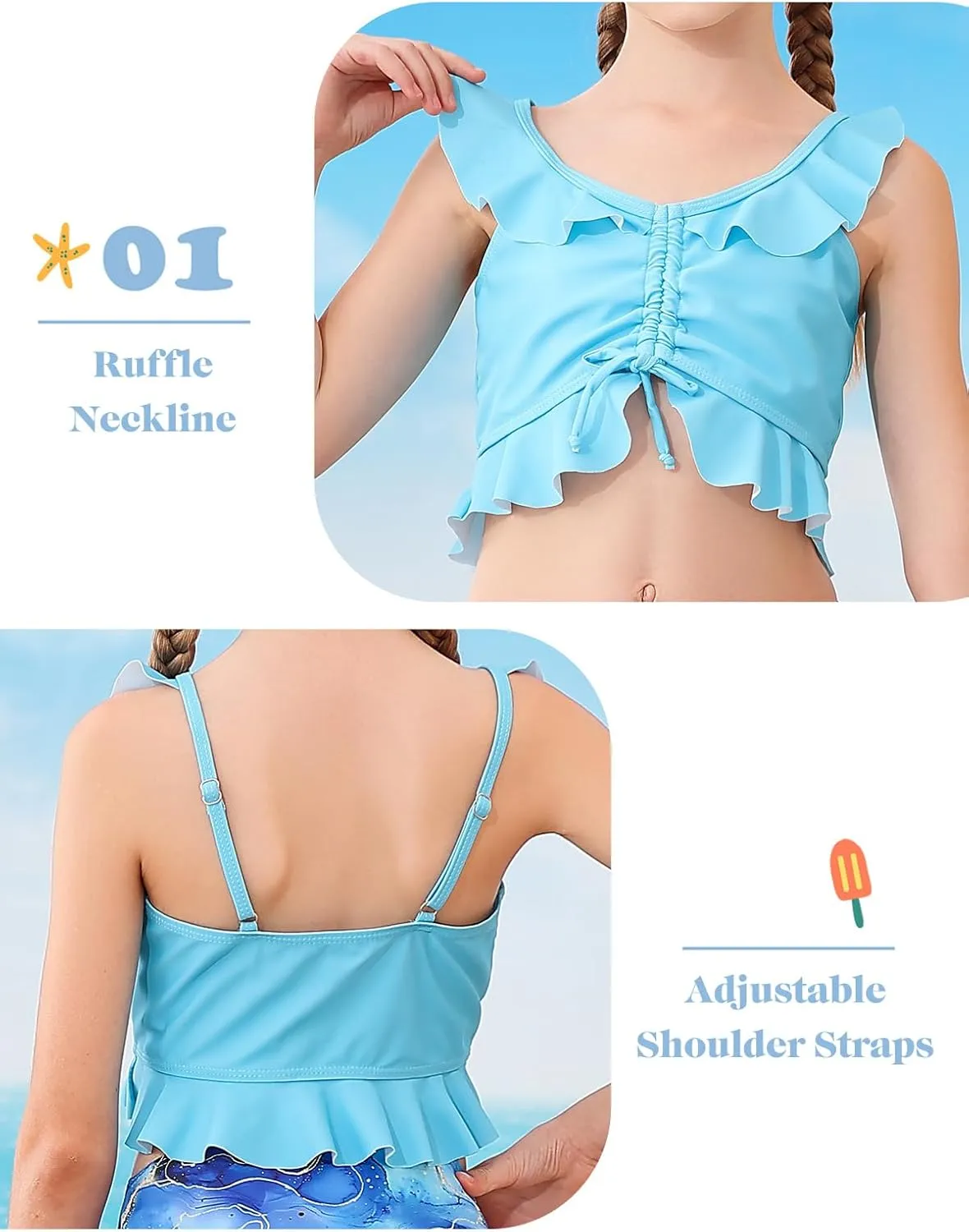 Girls Swimsuit Bikini Set with Shorts Bathing Suit Adjustable Strap Ruffle Drawstring 3 Piece Beach Swimwear Size 7-12