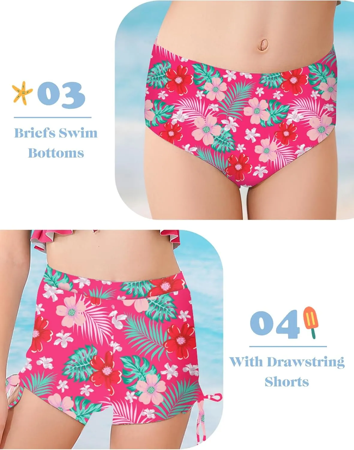 Girls Swimsuit Bikini Set with Shorts Bathing Suit Adjustable Strap Ruffle Drawstring 3 Piece Beach Swimwear Size 7-12