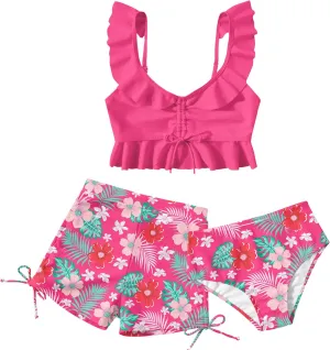 Girls Swimsuit Bikini Set with Shorts Bathing Suit Adjustable Strap Ruffle Drawstring 3 Piece Beach Swimwear Size 7-12