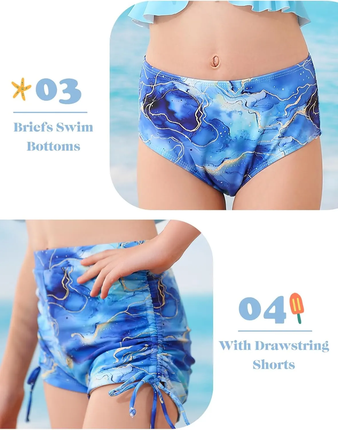 Girls Swimsuit Bikini Set with Shorts Bathing Suit Adjustable Strap Ruffle Drawstring 3 Piece Beach Swimwear Size 7-12