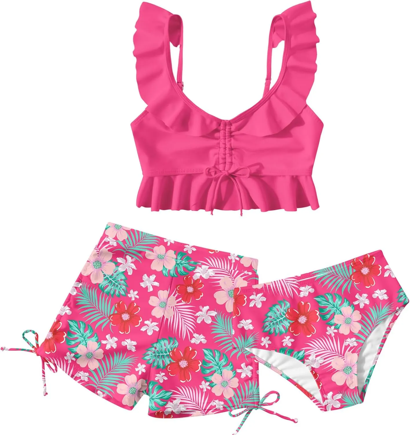 Girls Swimsuit Bikini Set with Shorts Bathing Suit Adjustable Strap Ruffle Drawstring 3 Piece Beach Swimwear Size 7-12