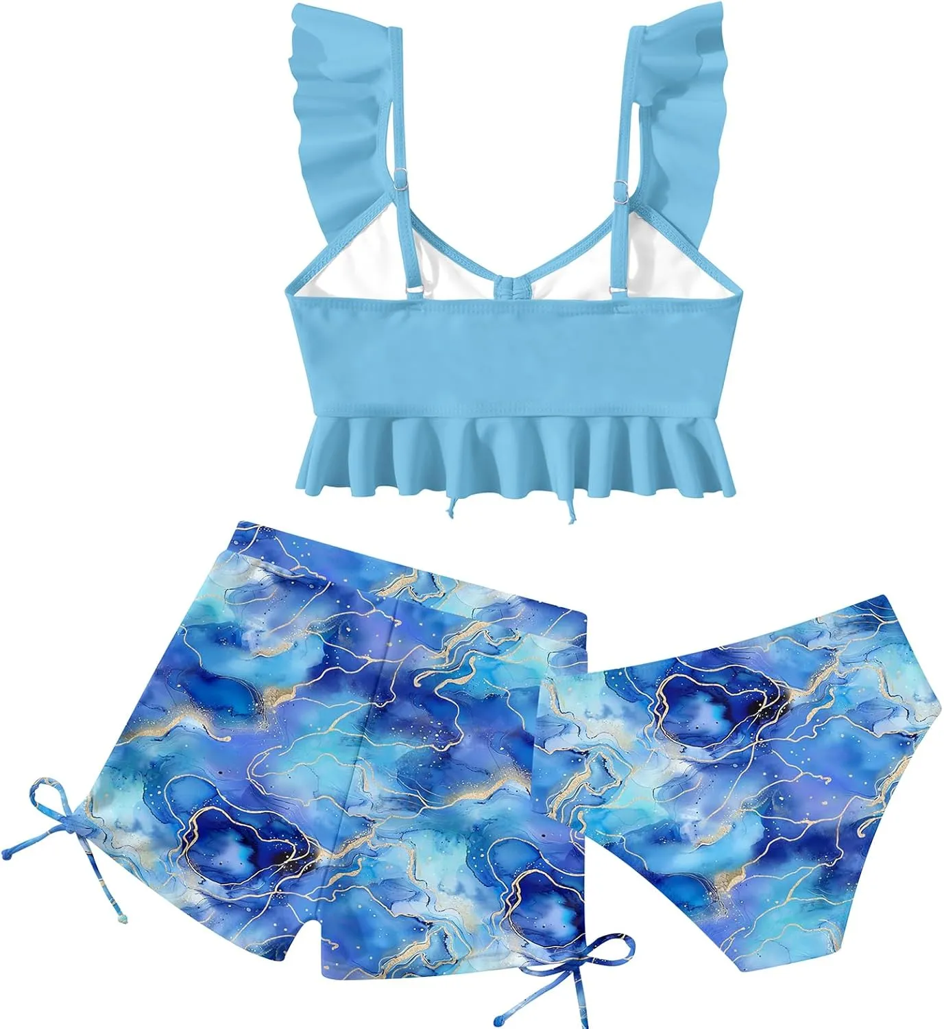 Girls Swimsuit Bikini Set with Shorts Bathing Suit Adjustable Strap Ruffle Drawstring 3 Piece Beach Swimwear Size 7-12