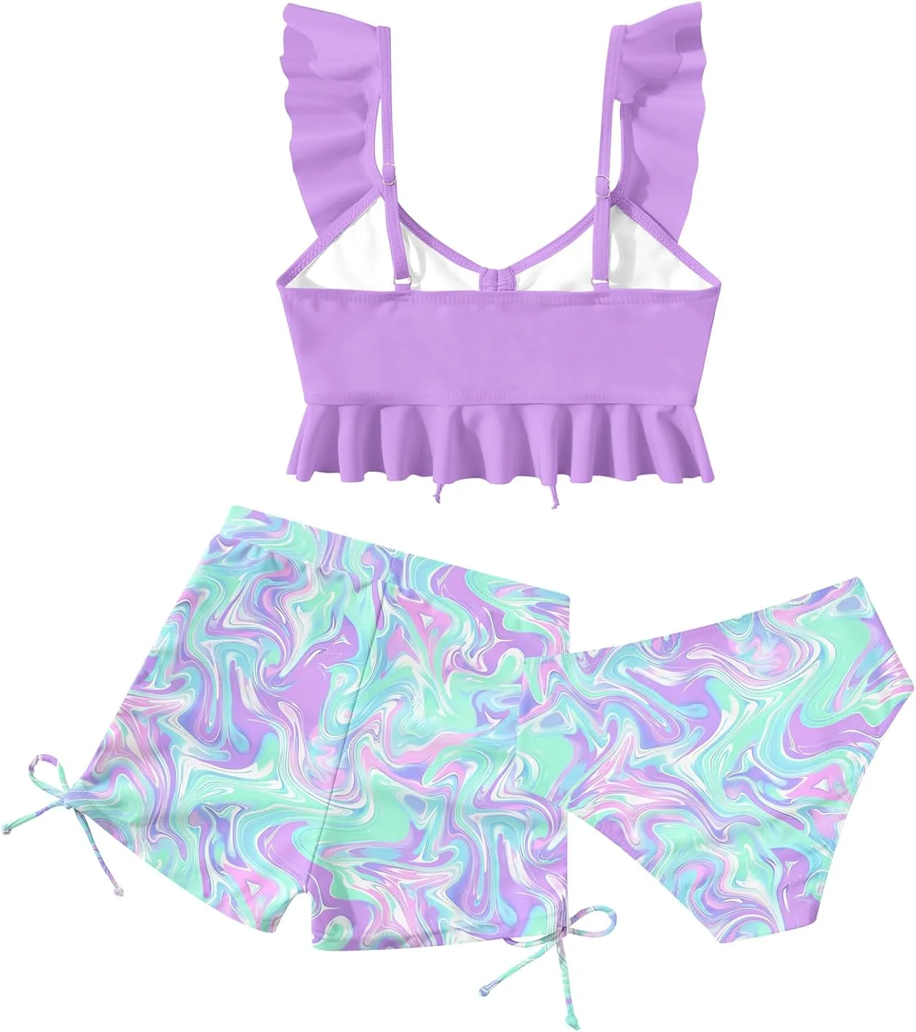 Girls Swimsuit Bikini Set with Shorts Bathing Suit Adjustable Strap Ruffle Drawstring 3 Piece Beach Swimwear Size 7-12
