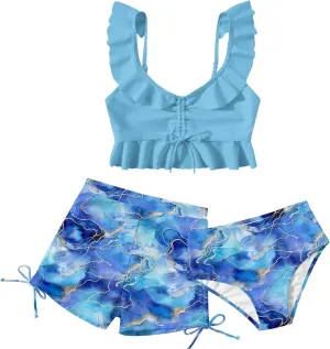 Girls Swimsuit Bikini Set with Shorts Bathing Suit Adjustable Strap Ruffle Drawstring 3 Piece Beach Swimwear Size 7-12