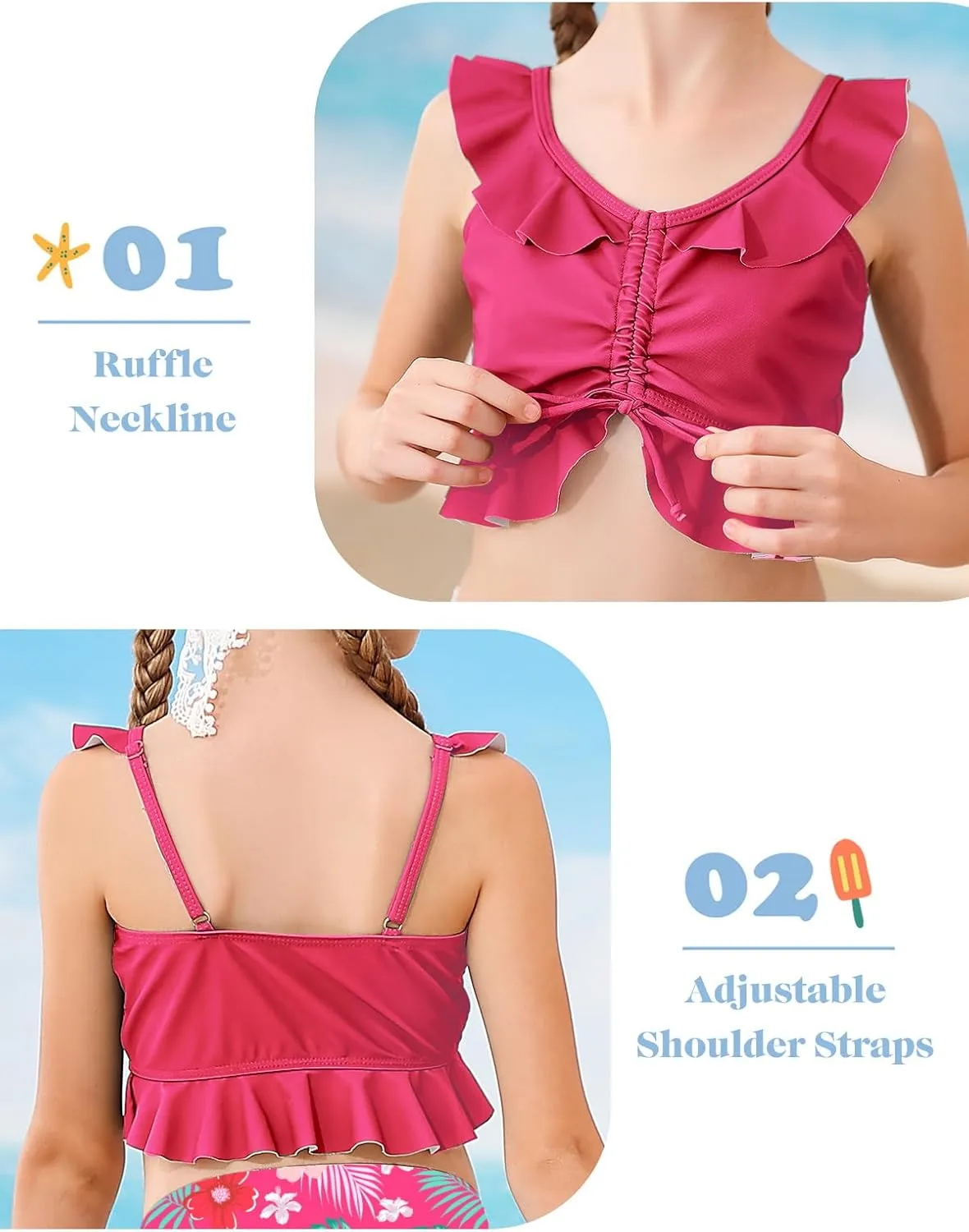 Girls Swimsuit Bikini Set with Shorts Bathing Suit Adjustable Strap Ruffle Drawstring 3 Piece Beach Swimwear Size 7-12