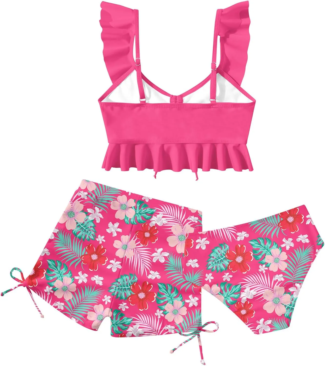Girls Swimsuit Bikini Set with Shorts Bathing Suit Adjustable Strap Ruffle Drawstring 3 Piece Beach Swimwear Size 7-12