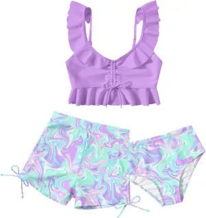 Girls Swimsuit Bikini Set with Shorts Bathing Suit Adjustable Strap Ruffle Drawstring 3 Piece Beach Swimwear Size 7-12