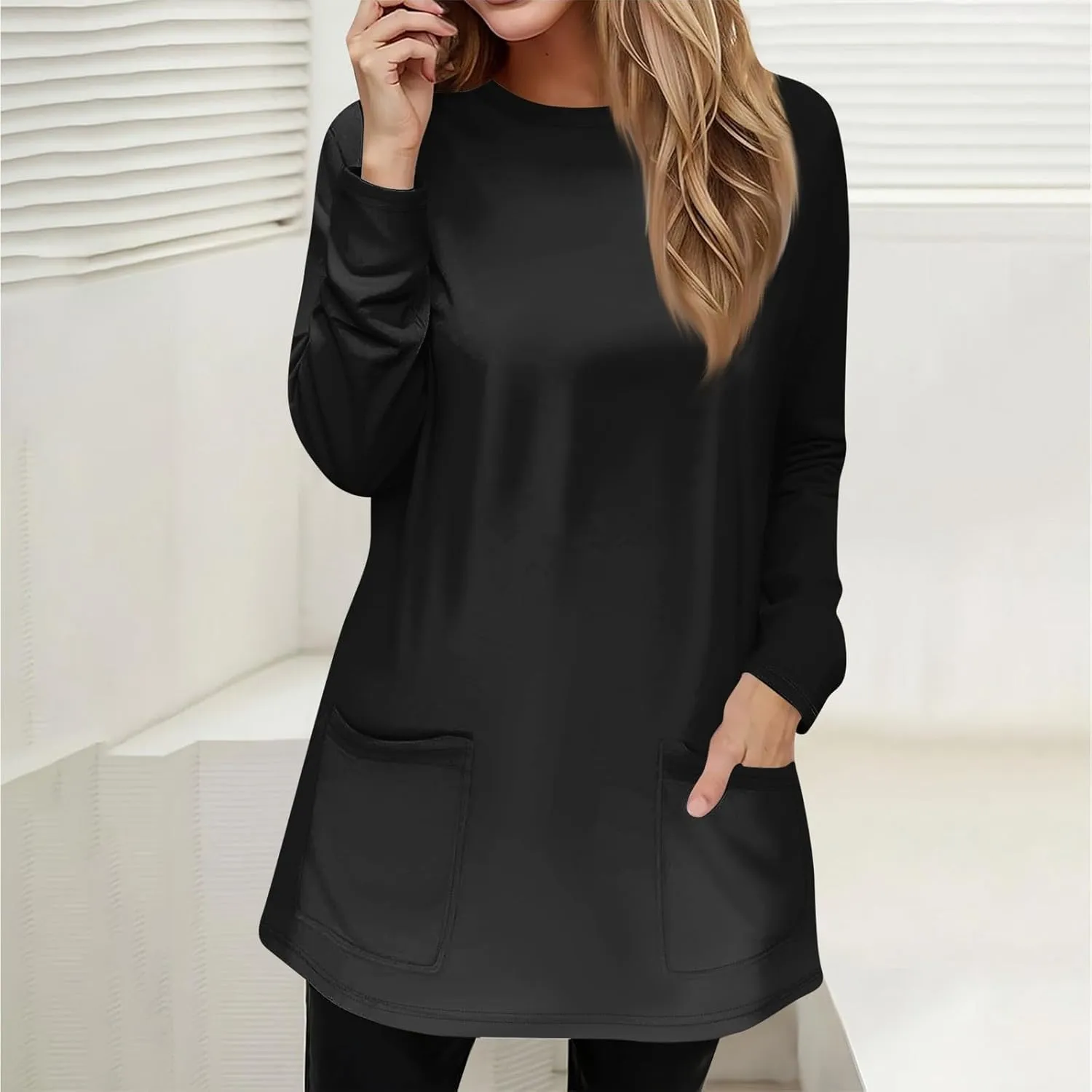 GOFULY Womens Dressy Tunic Tops Long Sleeve Crewneck Work Shirts Fall Elegant Blouses Solid Casual Winter Outfit with Pockets