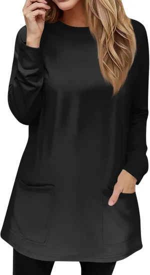 GOFULY Womens Dressy Tunic Tops Long Sleeve Crewneck Work Shirts Fall Elegant Blouses Solid Casual Winter Outfit with Pockets