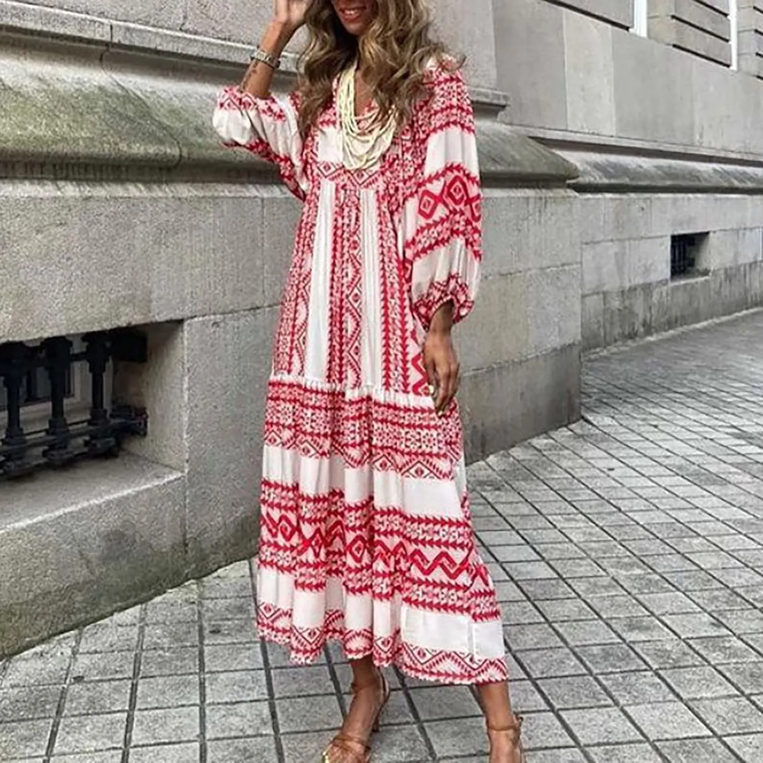 GOKKILRW Maxi Dresses for Women Loose Fit Summer Puff Sleeve V Neck Flowy Long Casual Beach Dress 2025 Vacation Boho Outfits