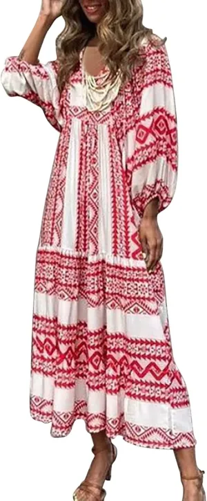 GOKKILRW Maxi Dresses for Women Loose Fit Summer Puff Sleeve V Neck Flowy Long Casual Beach Dress 2025 Vacation Boho Outfits