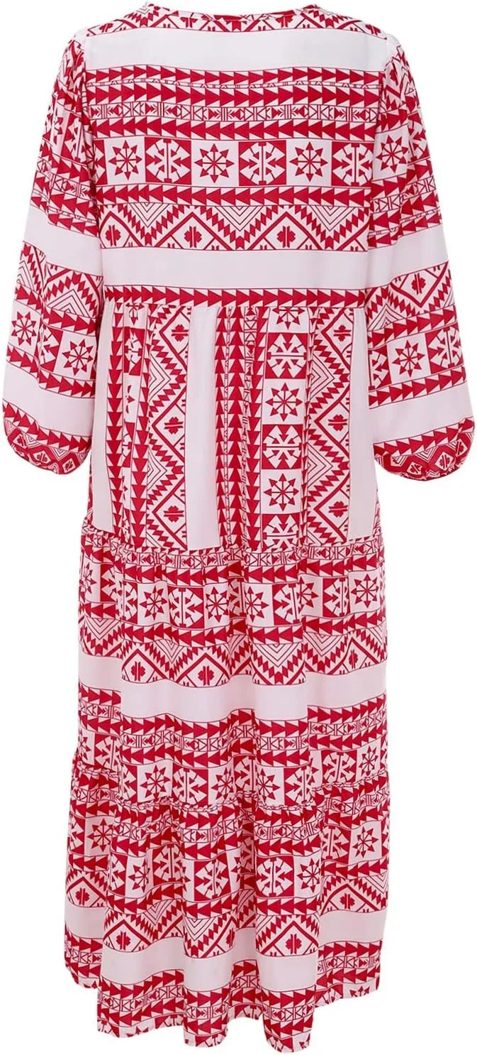 GOKKILRW Maxi Dresses for Women Loose Fit Summer Puff Sleeve V Neck Flowy Long Casual Beach Dress 2025 Vacation Boho Outfits