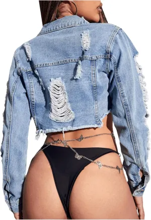 GORGLITTER Women's Ripped Raw Hem Cropped Denim Jacket Long Sleeve Distressed Frayed Jean Jackets