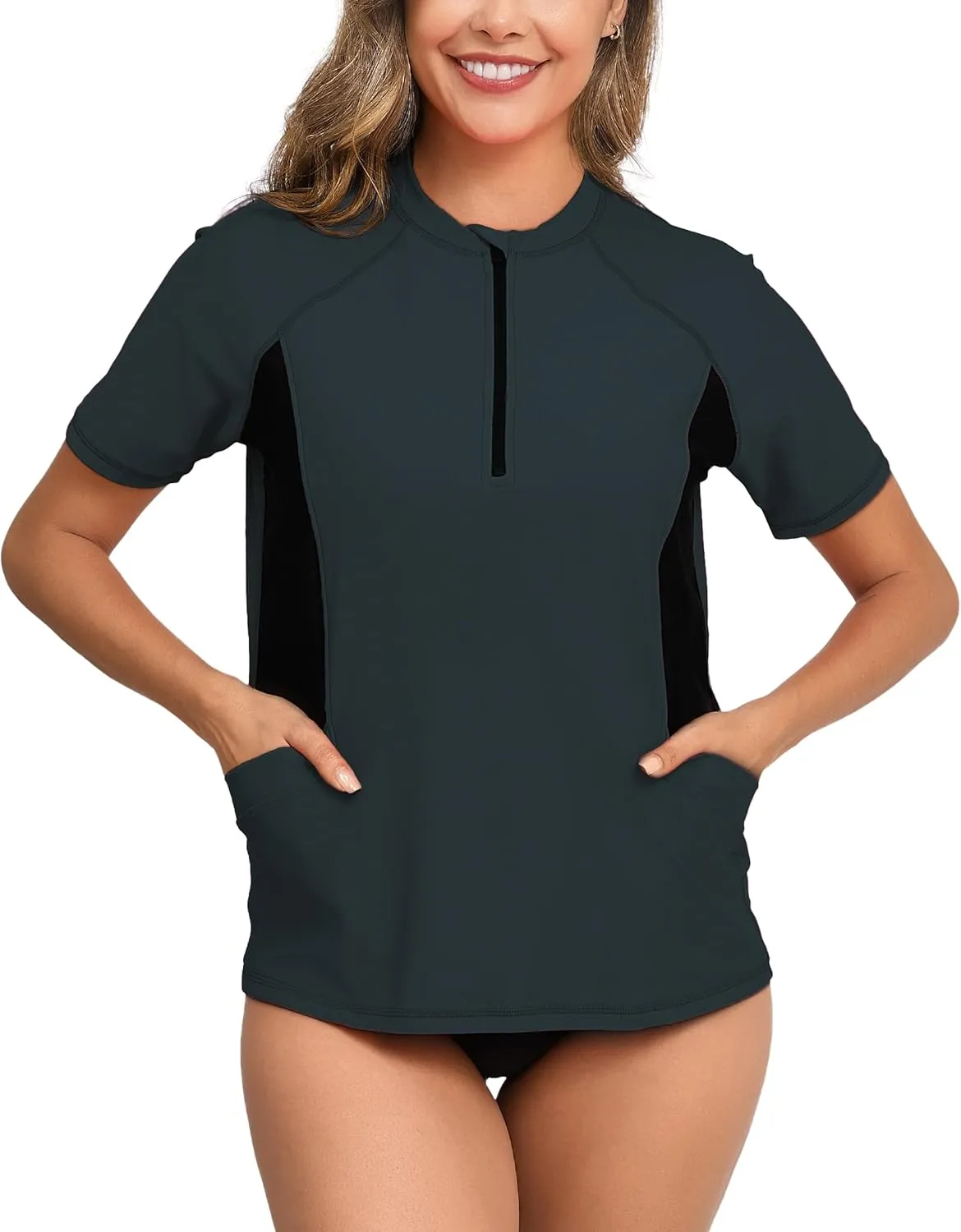 Halcurt Women's Half Zip Short Sleeve Rash Guard Top with Bra Side Pockets Swim Shirts UPF50  Swimsuit