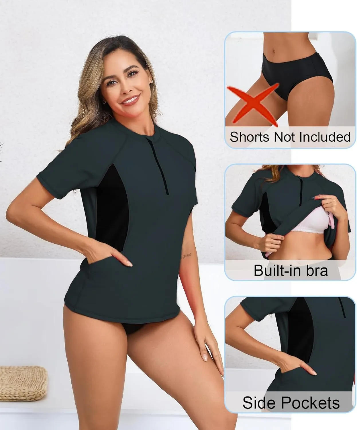 Halcurt Women's Half Zip Short Sleeve Rash Guard Top with Bra Side Pockets Swim Shirts UPF50  Swimsuit