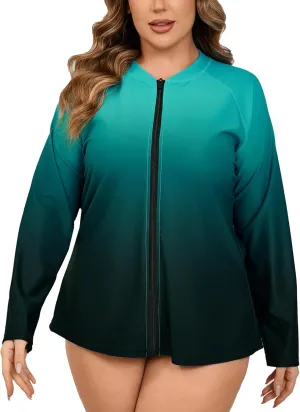 Halcurt Women's Plus Size Long Sleeve Rash Guard Shirts Full Zip Swim Top UPF50  Loose Fit Quick Dry Swimsuit