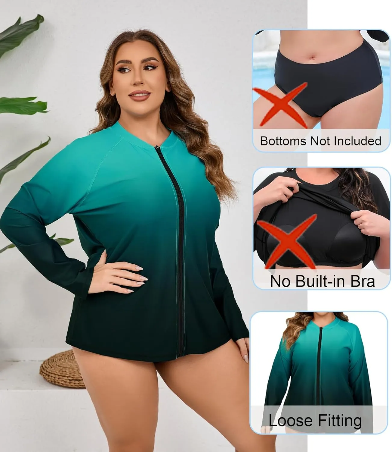 Halcurt Women's Plus Size Long Sleeve Rash Guard Shirts Full Zip Swim Top UPF50  Loose Fit Quick Dry Swimsuit