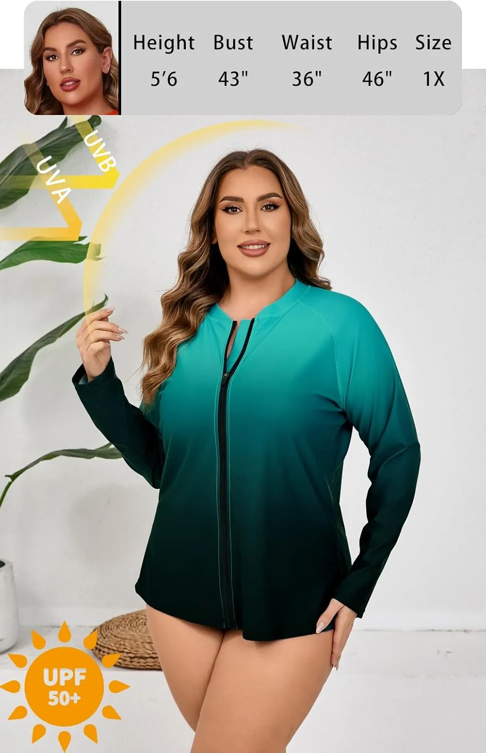 Halcurt Women's Plus Size Long Sleeve Rash Guard Shirts Full Zip Swim Top UPF50  Loose Fit Quick Dry Swimsuit