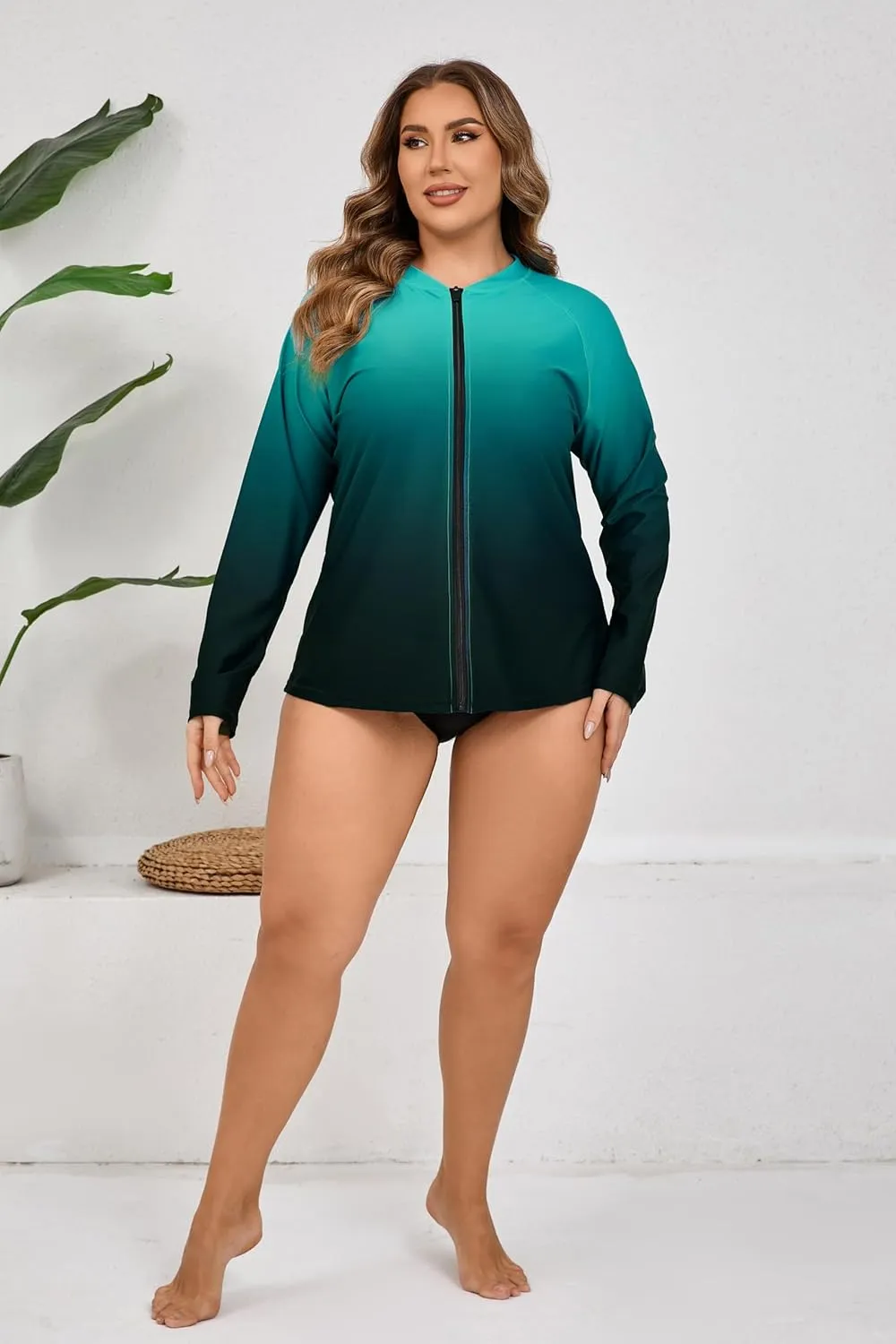 Halcurt Women's Plus Size Long Sleeve Rash Guard Shirts Full Zip Swim Top UPF50  Loose Fit Quick Dry Swimsuit