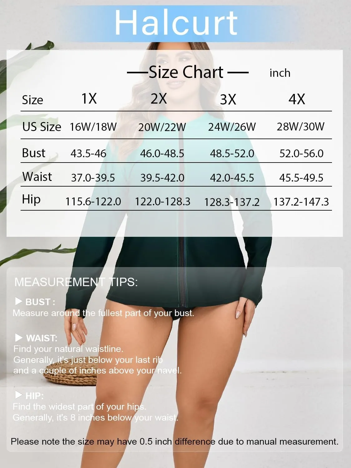 Halcurt Women's Plus Size Long Sleeve Rash Guard Shirts Full Zip Swim Top UPF50  Loose Fit Quick Dry Swimsuit
