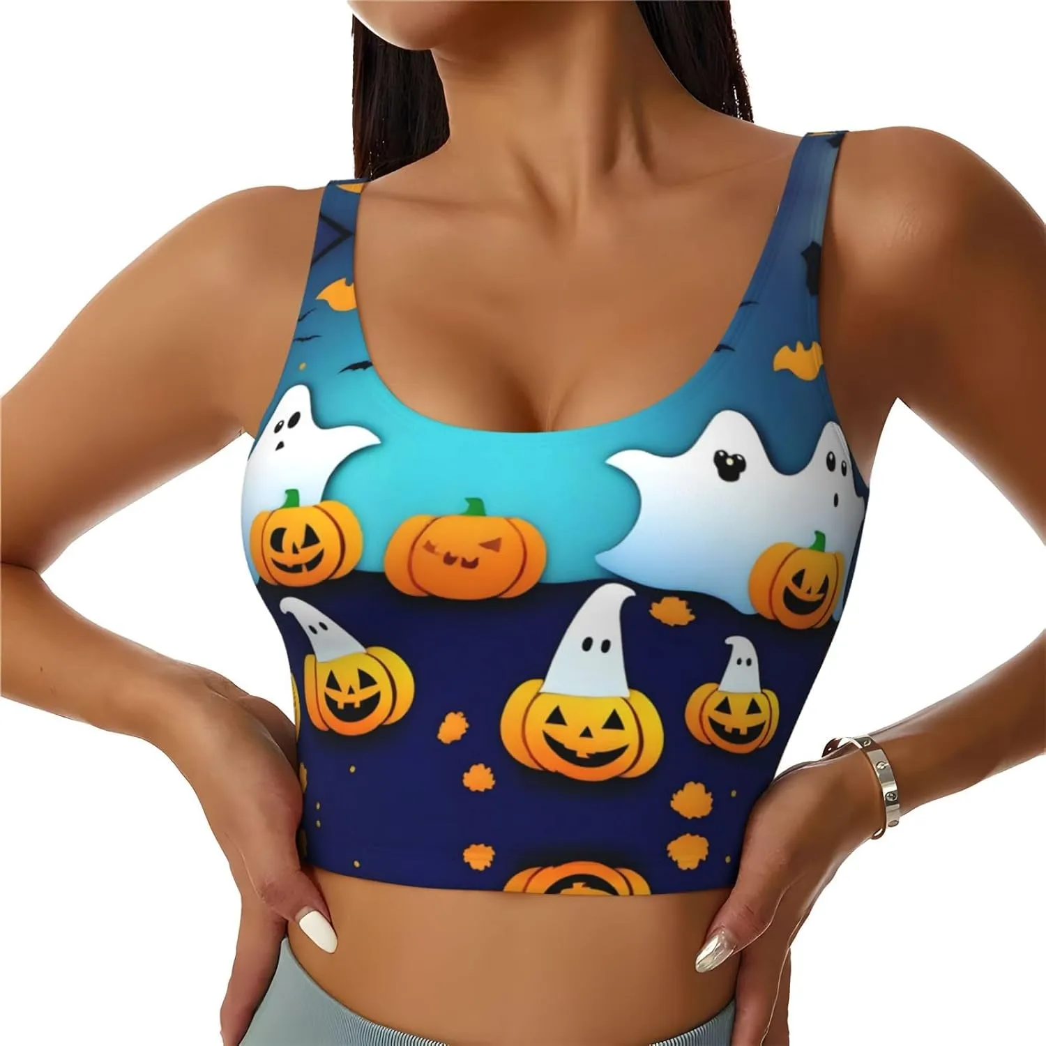Halloween Ghost Women's Sexy Sports Vest Sleeveless Athletic Gym T-Shirts Vest U-Shaped Back Quick Dry Top