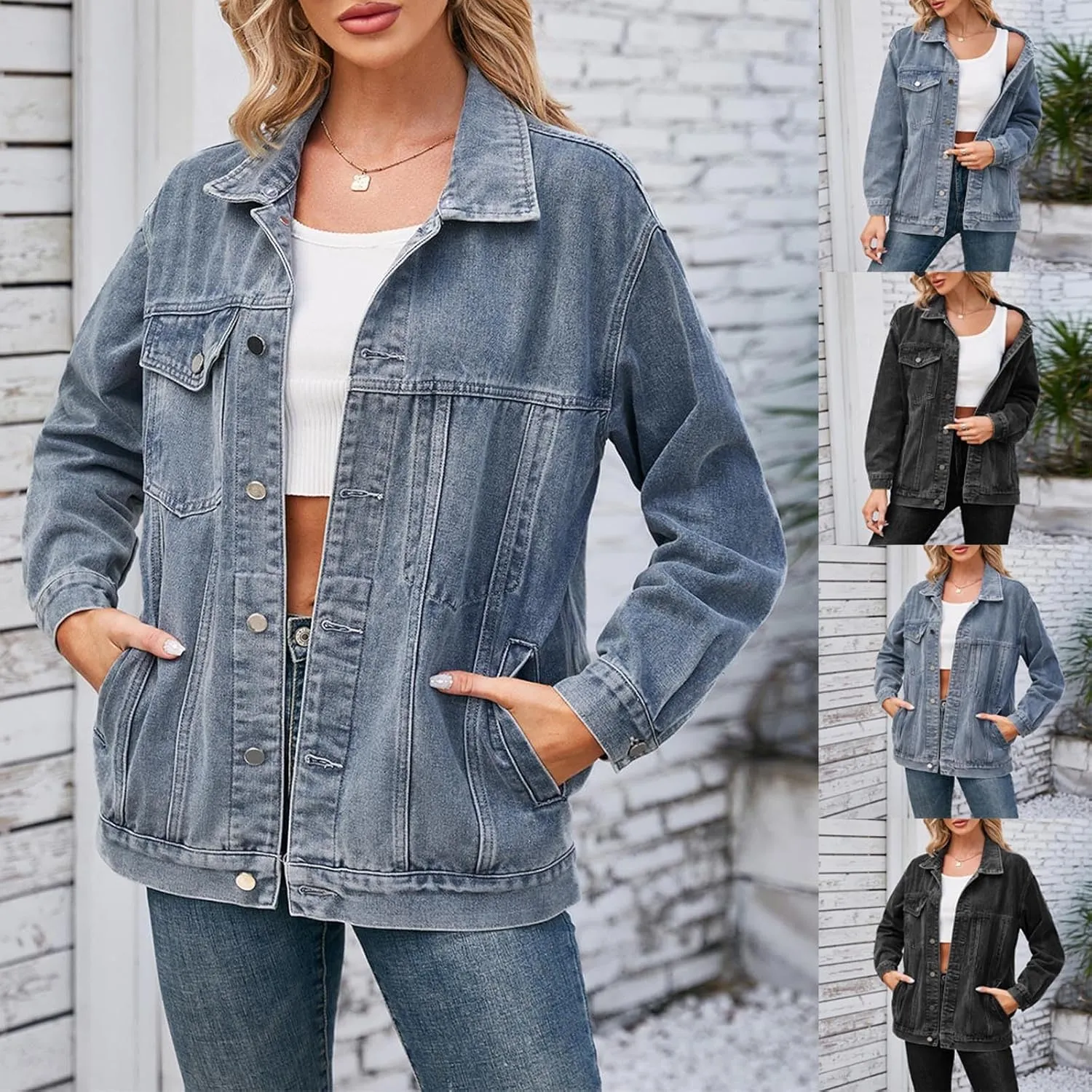 HGps8w Women's Denim Jackets Button Down Long Sleeve Basic Trendy 2025 Fall Trucker Jackets