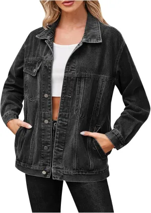 HGps8w Women's Denim Jackets Button Down Long Sleeve Basic Trendy 2025 Fall Trucker Jackets