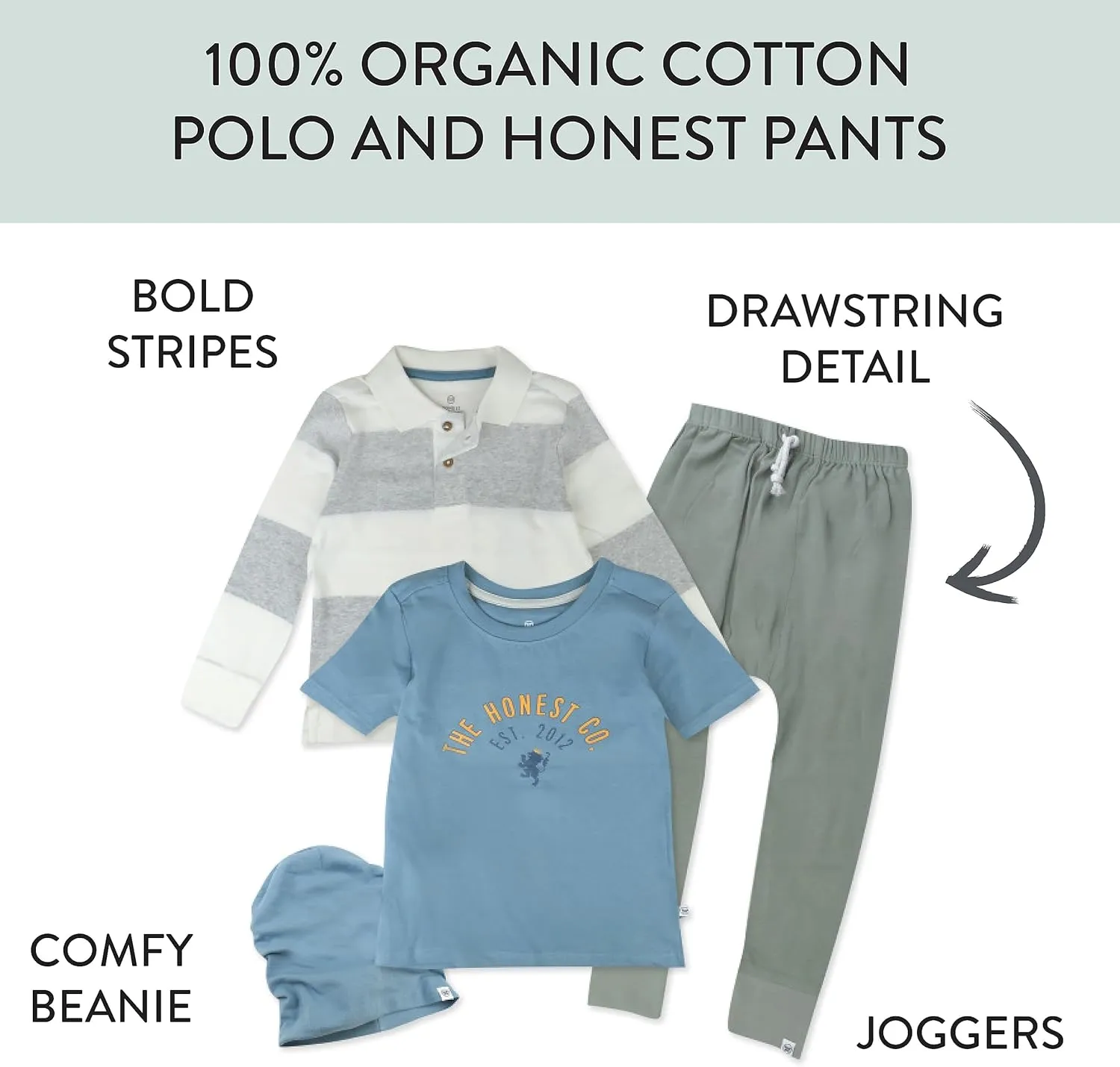 HonestBaby Playwear Outfit Sets Tops and Bottoms 100% Organic Cotton for Baby and Toddler Boys, Unisex