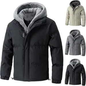 Hooded Puffer Jacket Men Quilted Thick Jacket Winter Fleece Hoodies Zip Up Button Down Coat Bomber Jacket Outerwear
