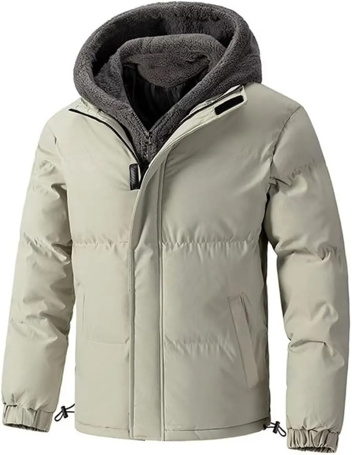 Hooded Puffer Jacket Men Quilted Thick Jacket Winter Fleece Hoodies Zip Up Button Down Coat Bomber Jacket Outerwear