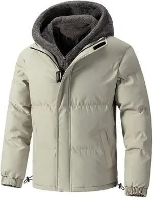 Hooded Puffer Jacket Men Quilted Thick Jacket Winter Fleece Hoodies Zip Up Button Down Coat Bomber Jacket Outerwear