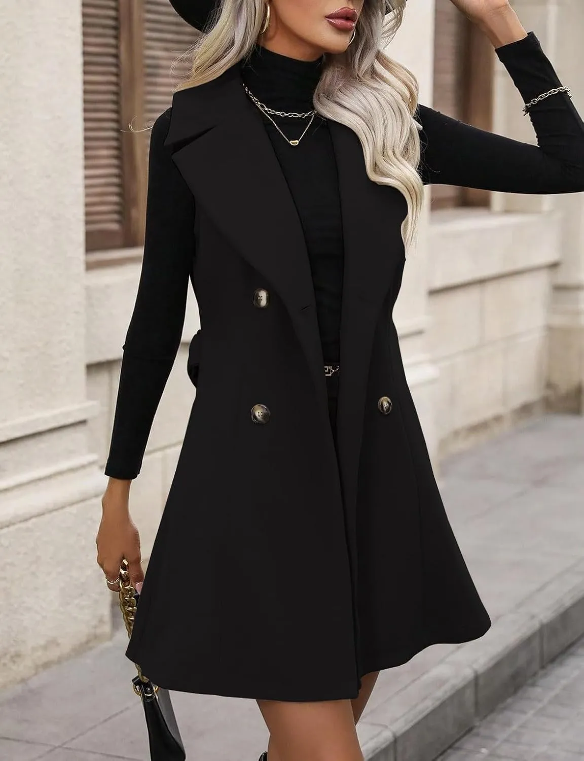 IDEALSANXUN Womens Long Wool Vest Fall Winter Sleeveless Blazer Jackets Double Breasted Trench Coat with Belt