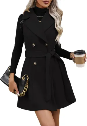 IDEALSANXUN Womens Long Wool Vest Fall Winter Sleeveless Blazer Jackets Double Breasted Trench Coat with Belt